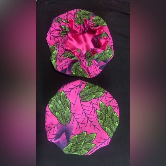 Pink & Green Satin Bonnet – 23” Adult Size | satin Lined - Picture 2 of 2